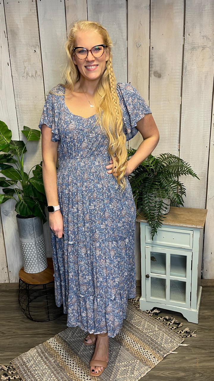 dusty blue midi dress